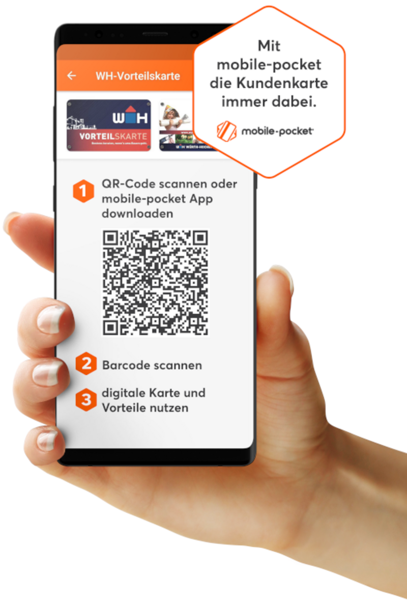 Würth Hochenburger Hand hält Handy mit Mobile Pocket App